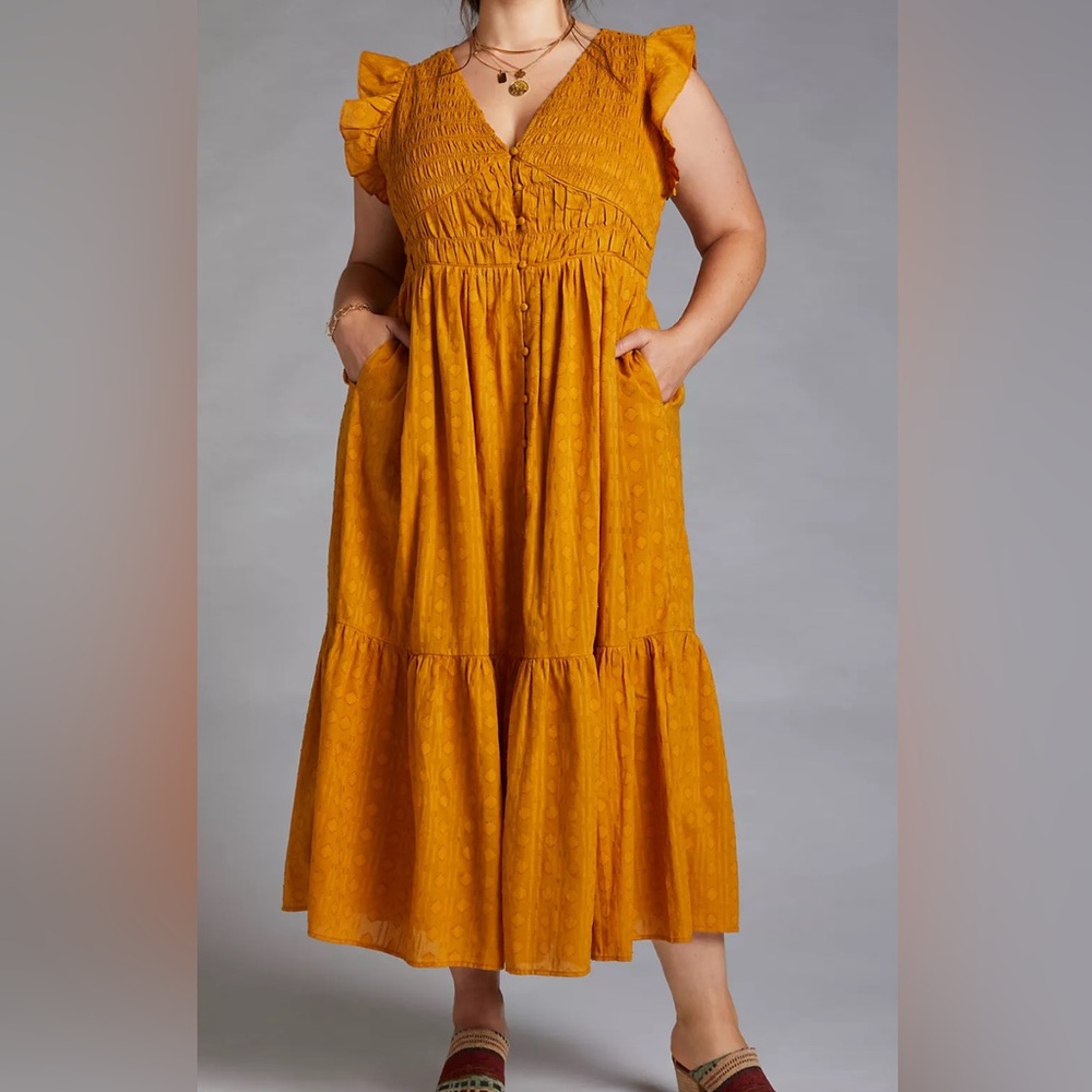 Anthropologie The Peregrine Smocked Ruffle Midi Dress
